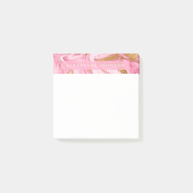 Hot Pink, White and Gold Foil Modern Marble Post-it Notes (Front)