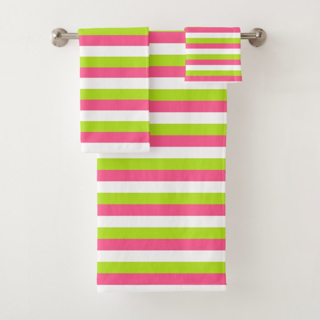 Hot Pink, White and Lime Green Stripes Bath Towel Set (Insitu)