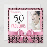 Hot pink white black damask 50th Birthday