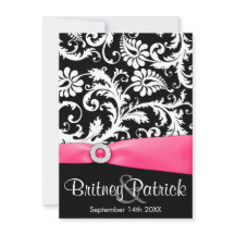 Hot Pink White & Black Damask Wedding Invitations