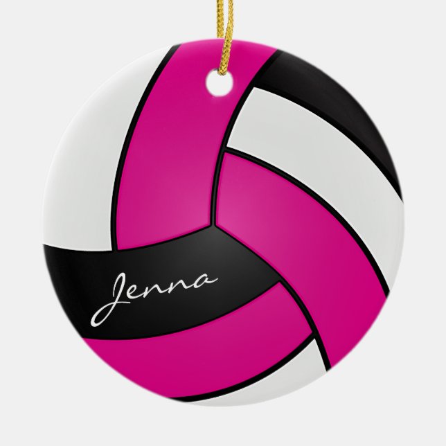 Hot Pink, White & Black Personalize Volleyball 🏐 Ceramic Ornament (Front)