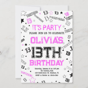 Hot Pink White Boy Number Thirteen Birthday Party Invitation