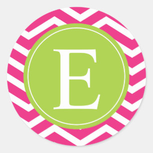 Hot Pink White Chevron Green Monogram Classic Round Sticker