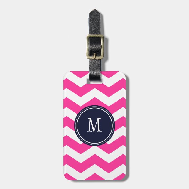 Hot Pink & White Chevron Monogram Luggage Tag (Front Vertical)