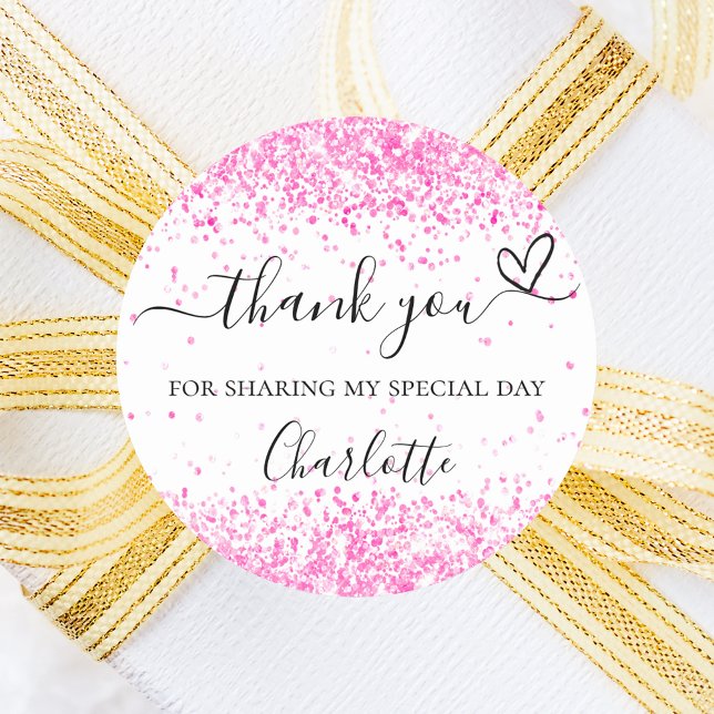 Hot pink white confetti thank you classic round sticker (Creator Uploaded)