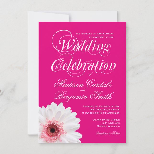 Hot Pink White Daisy Wedding Invitations (Front)