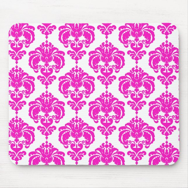 Hot Pink White Damask Chic Modern Elegant Pattern Mouse Pad (Front)