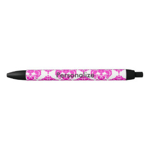 Hot Pink & White Damask Elegant Personalized Chic Blue Ink Pen