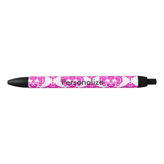 Hot Pink & White Damask Elegant Personalized Chic Blue Ink Pen (Front)