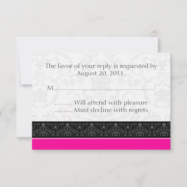 Hot Pink & White Damask Wedding RSVP Reply Cards (Front)