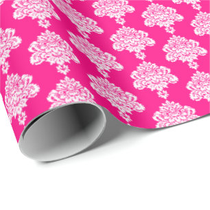 Hot Pink   White Damask Wrapping Paper