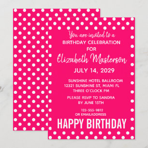 Hot Pink White Dots Pattern Happy Birthday Invitation