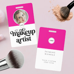 Hot Pink White Elegant Photo Makeup Artist ID Badge