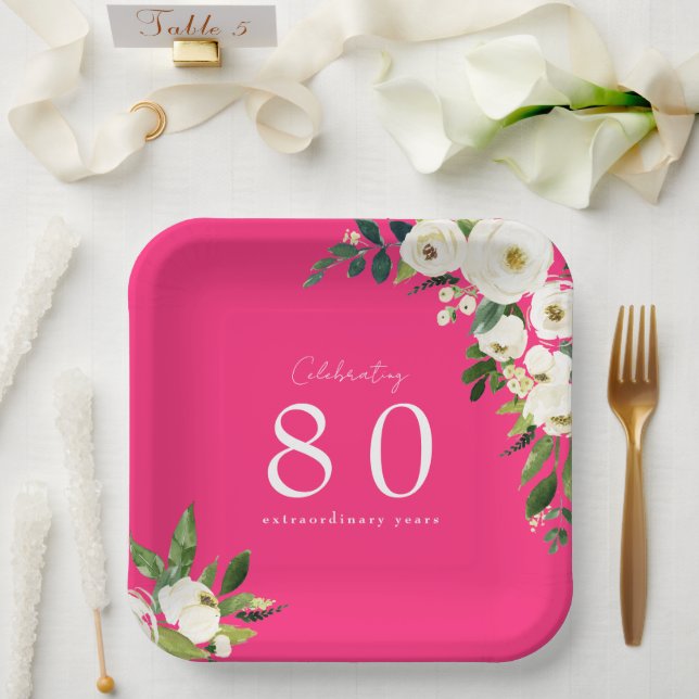 Hot Pink White Floral Birthday Paper Plate (Wedding)