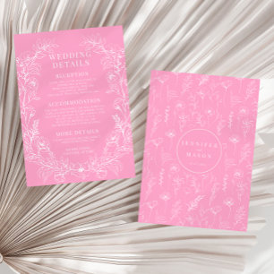Hot pink white floral whreath wedding details Card