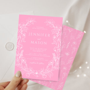 Hot pink white floral wreath bohemian wedding invitation