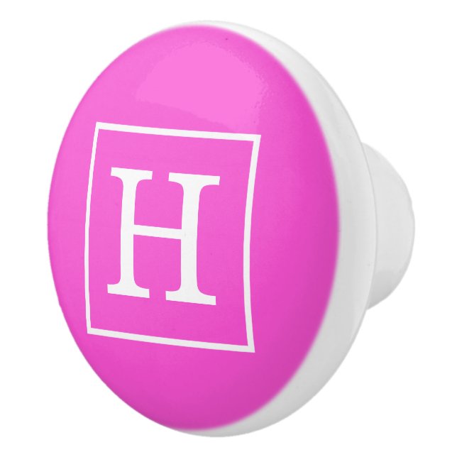 Hot Pink White Framed Initial Monogram Ceramic Knob (Right)