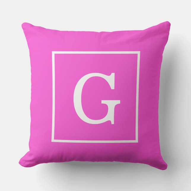 Hot Pink White Framed Initial Monogram Throw Pillow (Front)