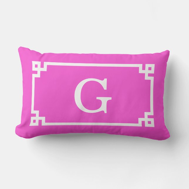 Hot Pink White Greek Key Frame #2 Initial Monogram Lumbar Pillow (Front)