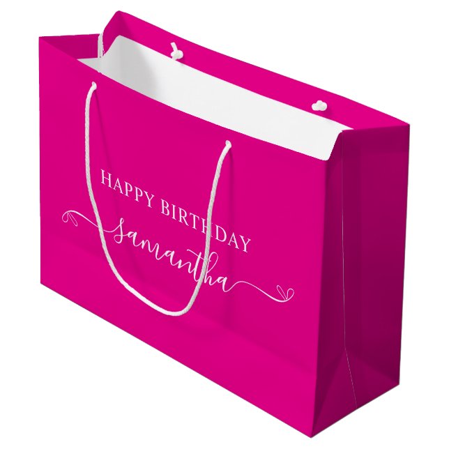 Hot Pink White Happy Birthday Bow Signature Name Large Gift Bag (Front Angled)