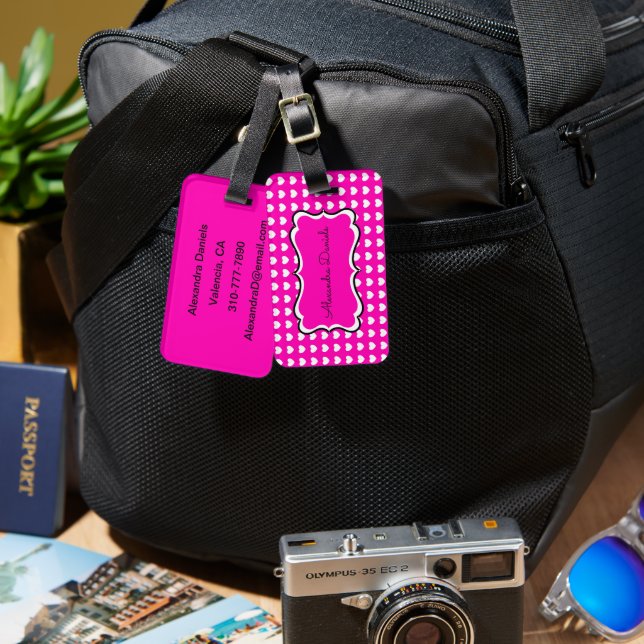 Hot Pink White Hearts Personalized Luggage Tag (Front & Back)