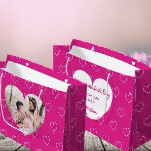 Hot pink white hearts photo Valentine's Day Large Gift Bag
