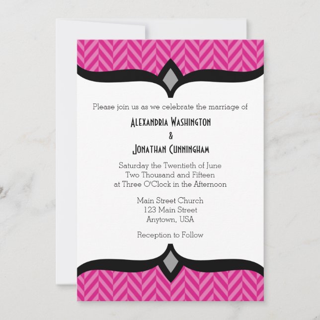 Hot Pink White Herringbone Wedding Invitation (Front)