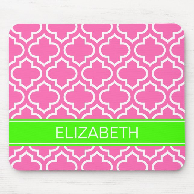 Hot Pink White Moroccan #6 Lime Name Monogram Mouse Pad (Front)