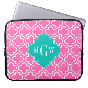 Hot Pink White Moroccan #6 Teal 3 Initial Monogram Laptop Sleeve