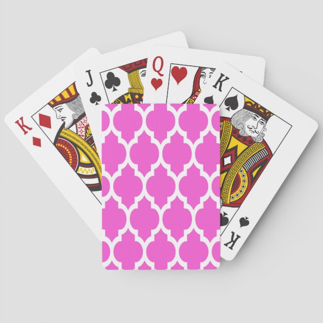 Hot Pink White Moroccan Quatrefoil Pattern #4 Playing Cards (Back)