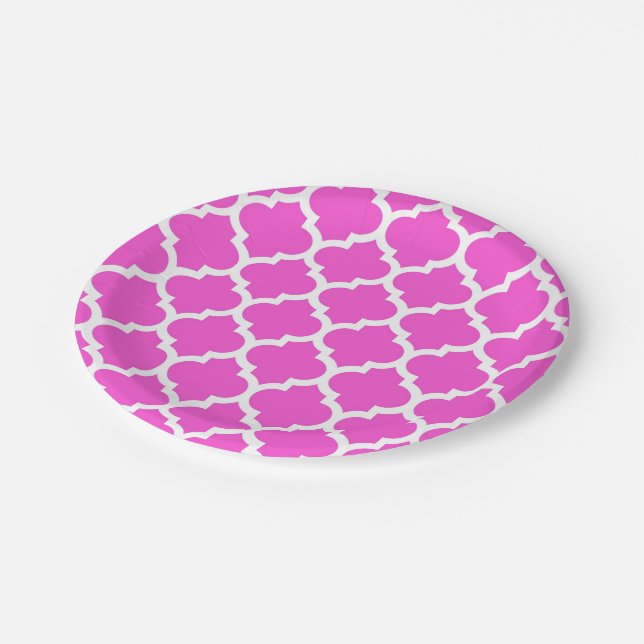 Hot Pink White Moroccan Quatrefoil Pattern #5 Paper Plate (Angled)