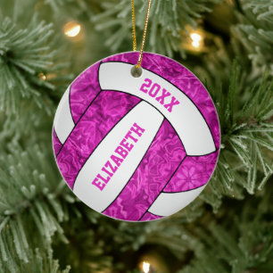 hot pink white personalized girls' volleyball ceramic ornament
