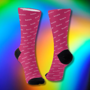 Hot Pink White Personalized Name Socks Custom Text