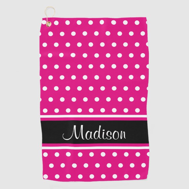 Hot Pink White Polka Dot Black Stripe Script Name Golf Towel (Front)