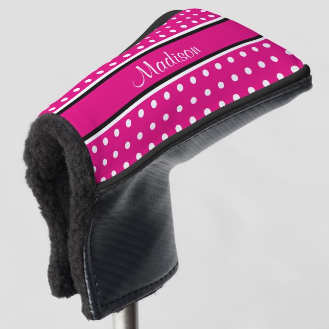 Hot Pink White Polka Dot Black Stripes Script Name Golf Head Cover (3/4 Front)
