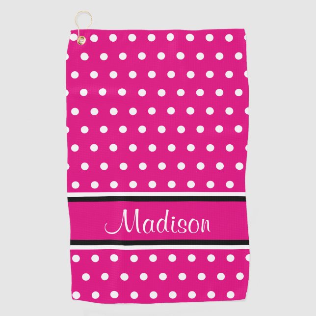 Hot Pink White Polka Dot Black Stripes Script Name Golf Towel (Front)