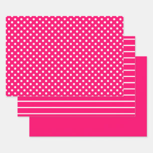 Hot Pink White Polka Dot Stripes Wrapping Paper Sheet
