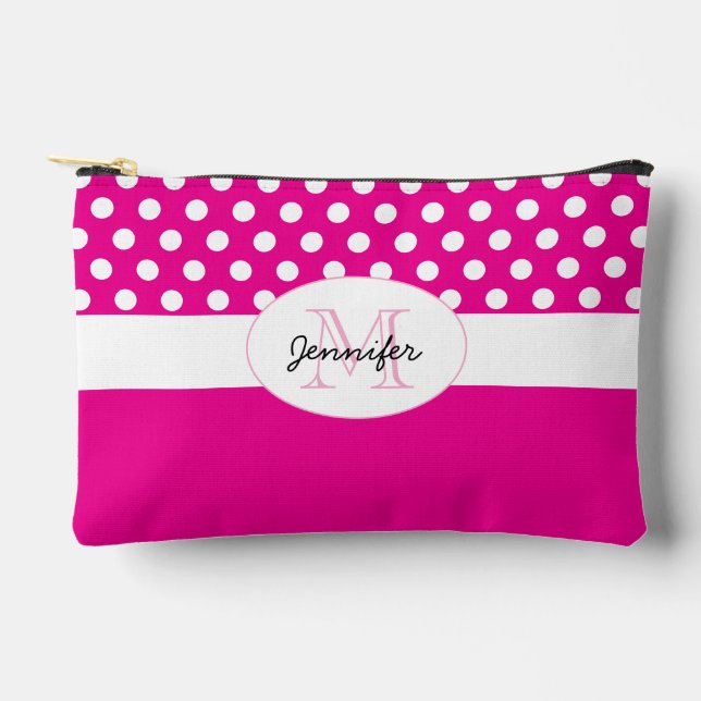 Hot pink White polka dots retro pattern Monogram Accessory Pouch (Front)