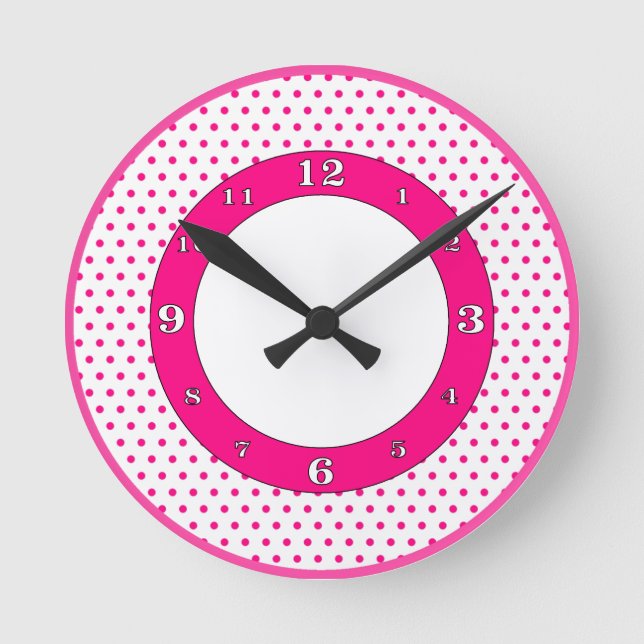 Hot Pink & White Polka Dots Round Clock (Front)
