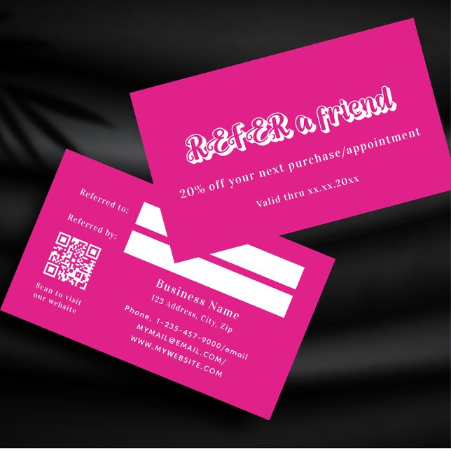 Hot pink white qr code business referral card (Creator Uploaded)