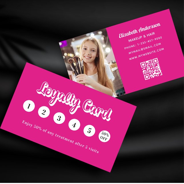 Hot pink white qr code photo makeup loyalty card (Creator Uploaded)