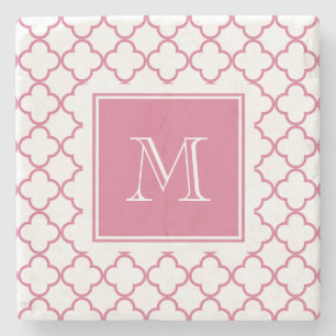 Hot Pink White Quatrefoil   Your Monogram Stone Coaster