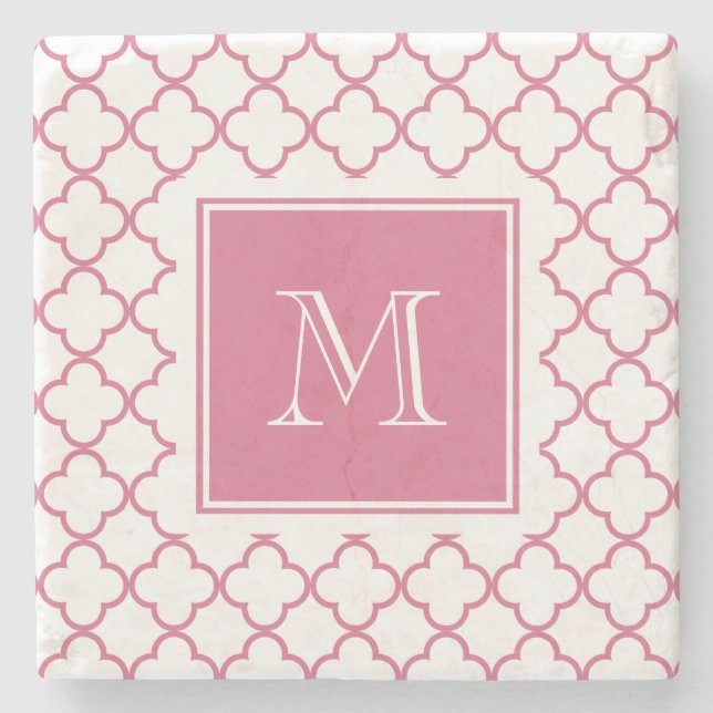 Hot Pink White Quatrefoil | Your Monogram Stone Coaster (Front)