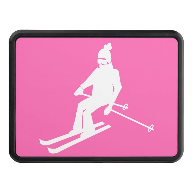  Hot Pink White Silhouette Skier Skiing Ski Trailer Hitch Cover (Front)