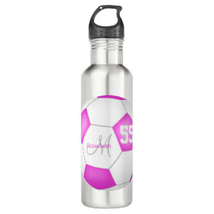 hot pink white soccer girl name jersey number 710 ml water bottle