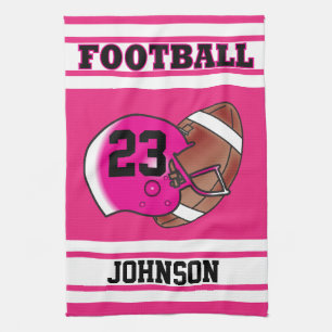 Hot Pink & White Stripe Football Jersey Kitchen Towel