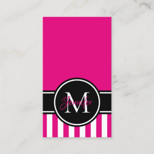 Hot Pink White Stripe Pattern Black Monogram Business Card