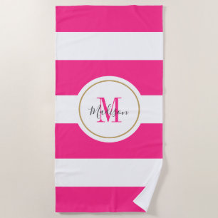 Hot Pink White Stripes Chic Monogram Personalized Beach Towel