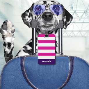 Hot Pink White Stripes Custom Name Luggage Tag