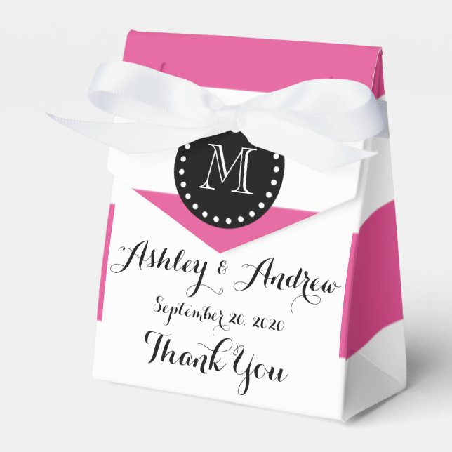 Hot Pink White Stripes Pattern, Black Monogram Favor Box (Front Side)